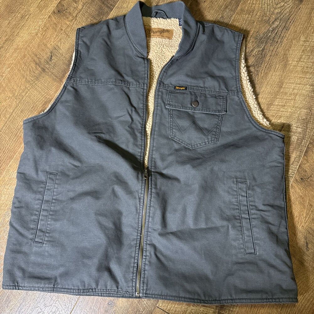 Wrangler Vest Men’s XL Sherpa Lined Full Zip Canvas Cotton Western Jacket Gray